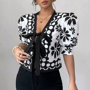 Noir Blossom Tie-Front Blouse – Puff Sleeve Statement Top